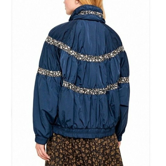 Free People Women's On My Mind Floral Full-Zip Bomber Retro Jacket Navy Sz Small - Picture 3 of 12